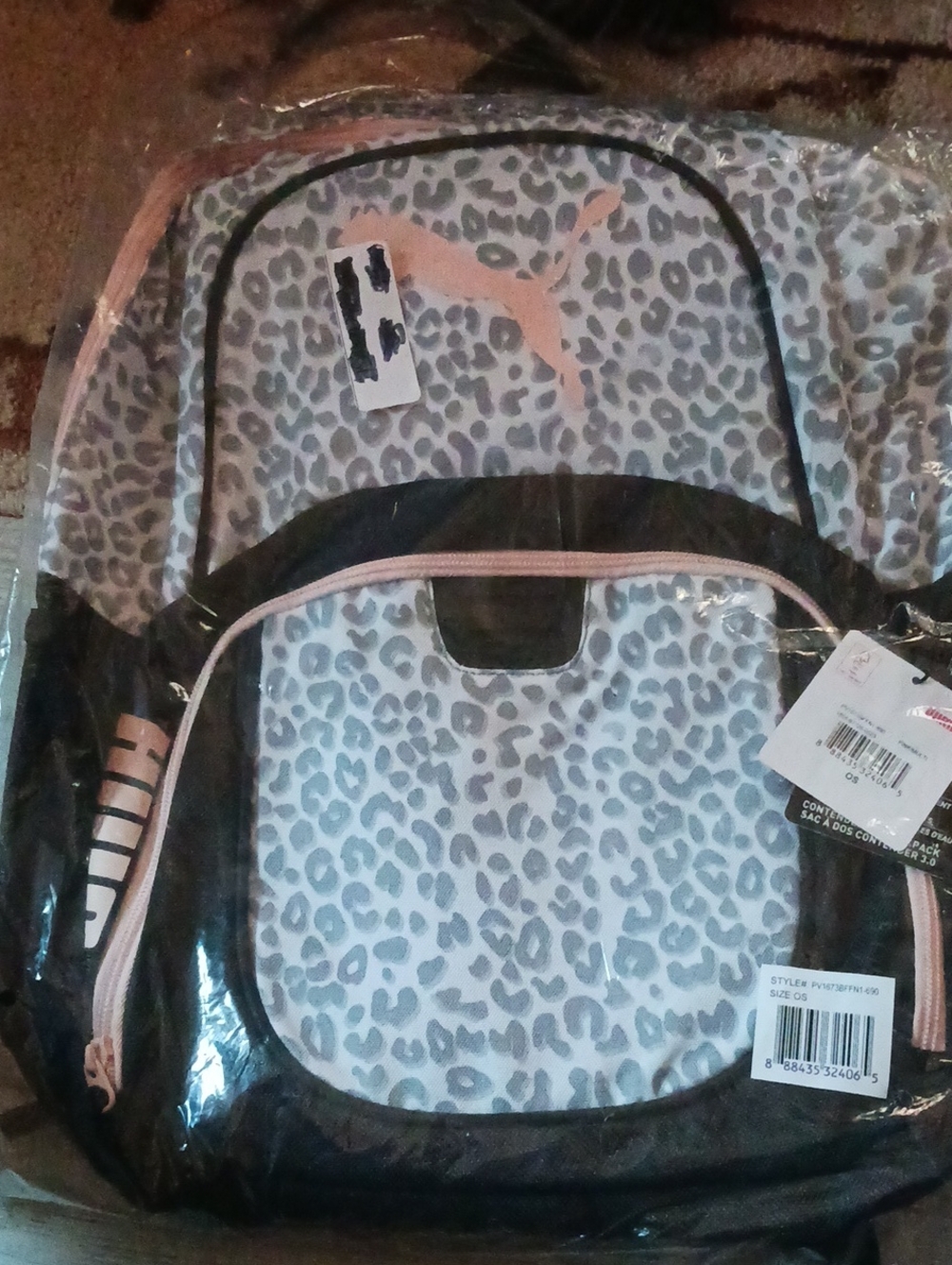 Puma Gray Leopard Print Backpack with Pink Accents